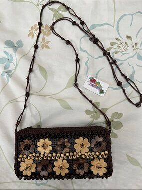 Stylish Brown Floral Beaded Crossbody Bag